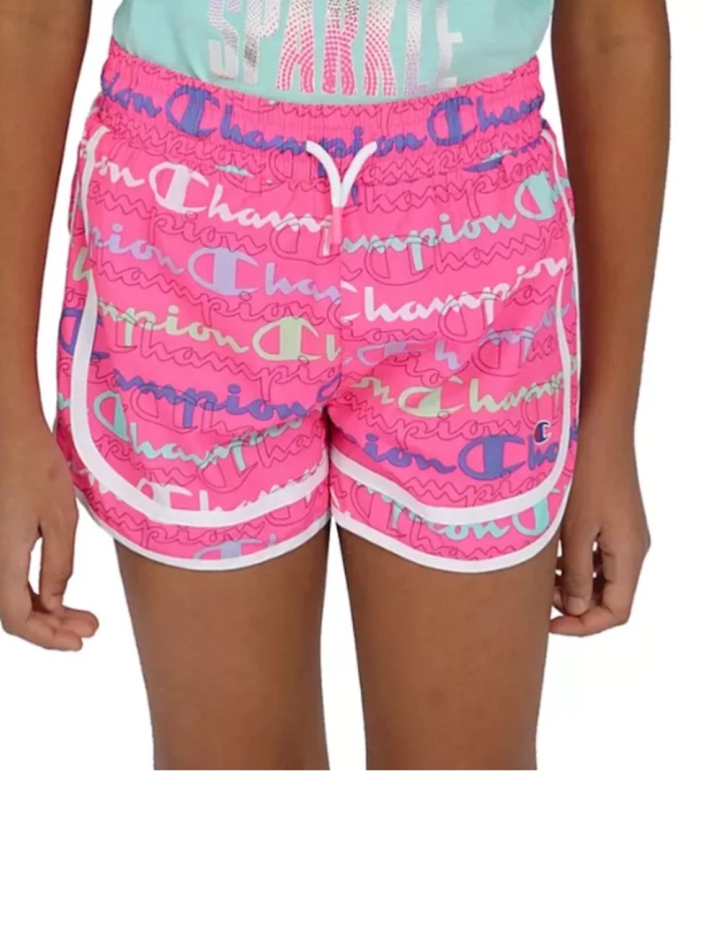 Champion girl Hot Pink Allover Logo Athletic Shorts size 14/16 drawstring liner